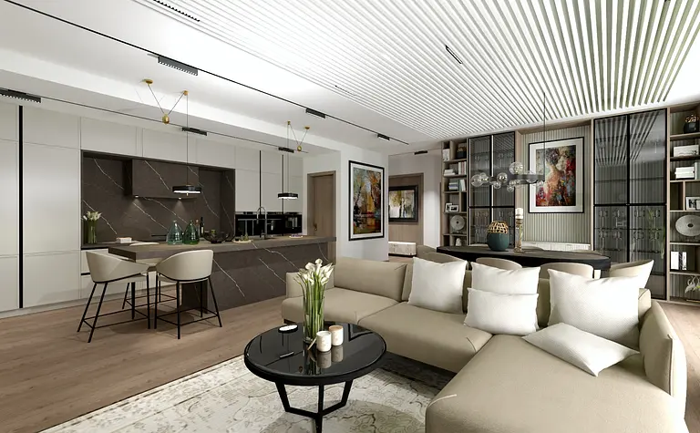 Wnętrze z jasną kuchnią i salonem w stylu tradycyjnym oraz współczesnym.