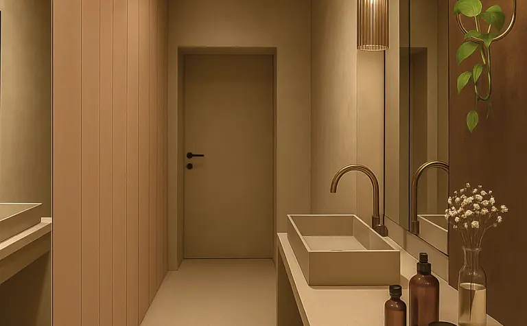Toaleta w stylu glamour i minimalistycznym z dużymi lustrami i eleganckim blatem.