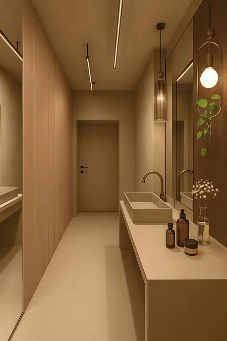 Toaleta w stylu glamour i minimalistycznym z dużymi lustrami i eleganckim blatem.