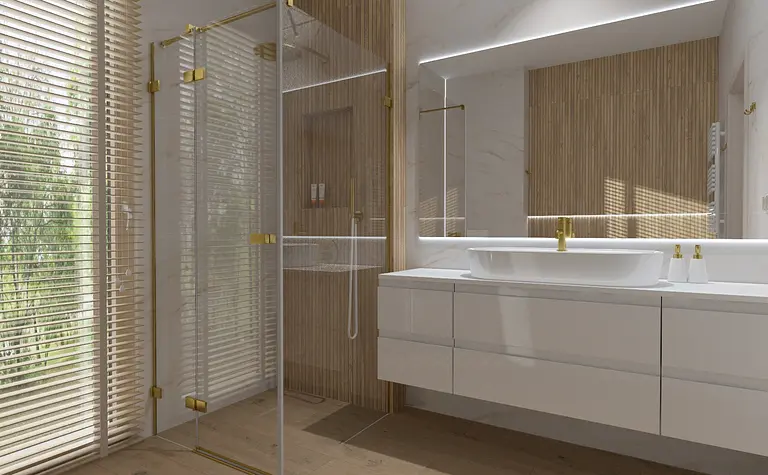 Wnętrze łazienki w stylu japandi z minimalistycznymi elementami, nowoczesne wykończenia.