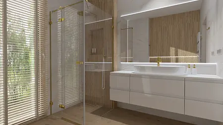 Wnętrze łazienki w stylu japandi z minimalistycznymi elementami, nowoczesne wykończenia.