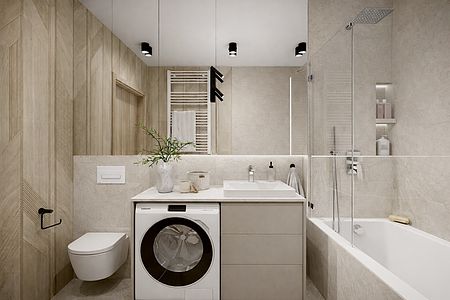 Wnętrze łazienki w stylu japandi z minimalistycznymi elementami i nowoczesnym wyposażeniem.