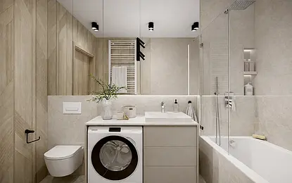 Wnętrze łazienki w stylu japandi z minimalistycznymi elementami i nowoczesnym wyposażeniem.