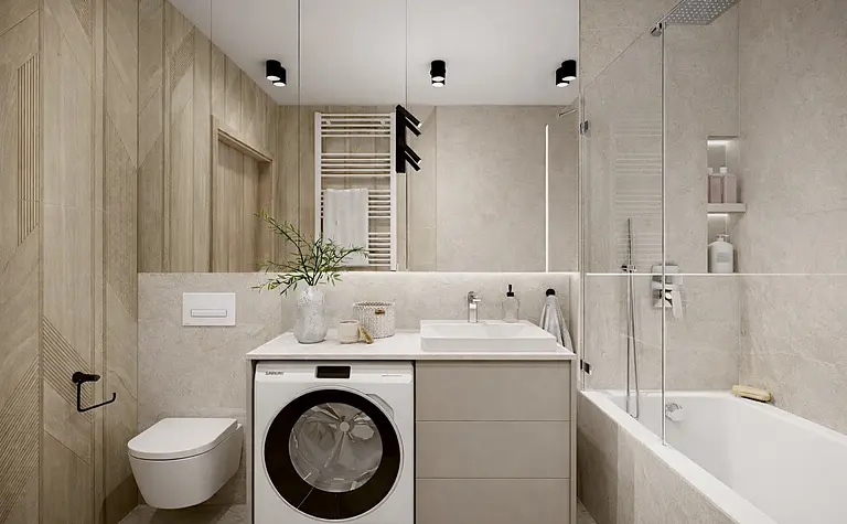 Wnętrze łazienki w stylu japandi z minimalistycznymi elementami i nowoczesnym wyposażeniem.