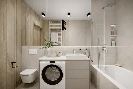 Wnętrze łazienki w stylu japandi z minimalistycznymi elementami i nowoczesnym wyposażeniem.