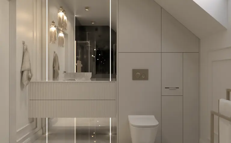 Nowoczesna łazienka z białą umywalką i szarymi detalami, styl glamour.