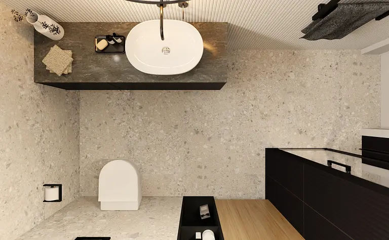 Wnętrze łazienki z białą umywalką, szarymi ścianami i czarnymi detalami w stylach glamour, industrialnym, minimalistycznym, nowoczesnym.