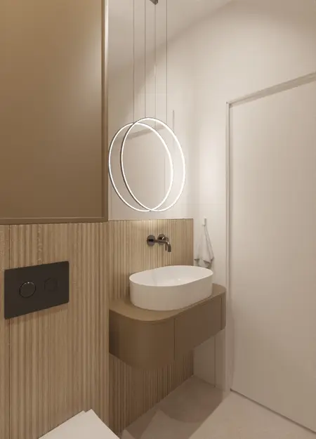 Minimalistyczna łazienka w stylu japandi z beżowymi akcentami.
