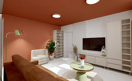 Współczesny salon z brązową sofą, zieloną lampą, białymi meblami i roślinami.