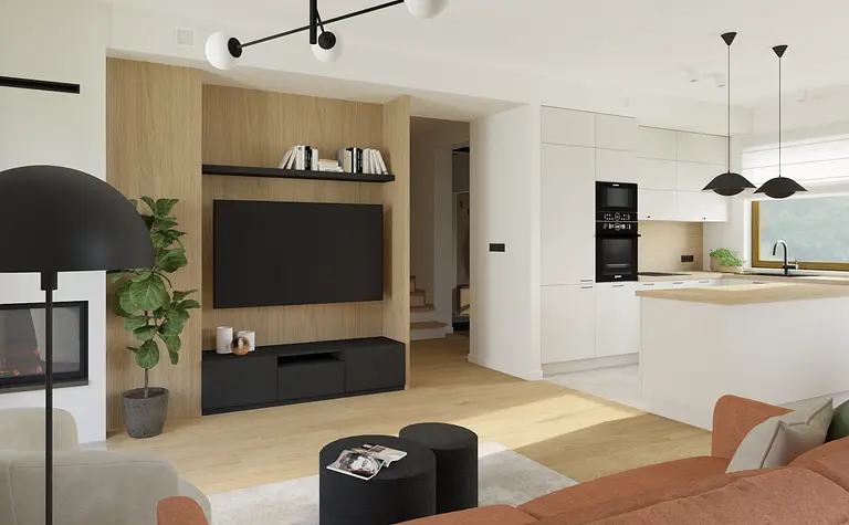 Nowoczesne wnętrze salonu z drewnianymi akcentami, lampą i telewizorem, styl dopamine decor, soft minimalizm.