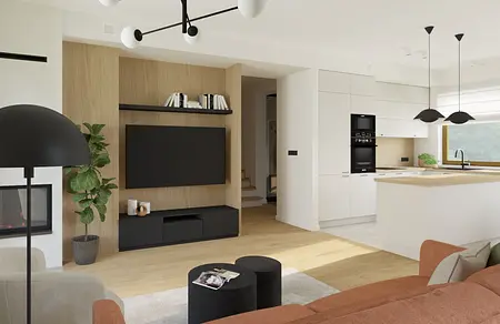 Nowoczesne wnętrze salonu z drewnianymi akcentami, lampą i telewizorem, styl dopamine decor, soft minimalizm.