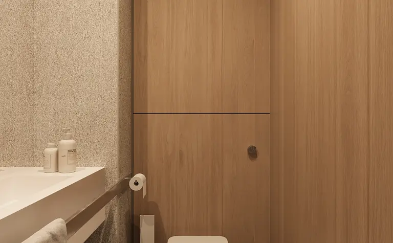 Nowoczesna łazienka w stylu eklektycznym, minimalistycznym i współczesnym z drewnem.