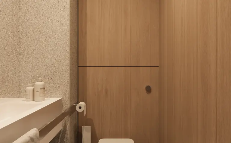 Nowoczesna łazienka w stylu eklektycznym, minimalistycznym i współczesnym z drewnem.