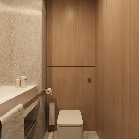 Nowoczesna łazienka w stylu eklektycznym, minimalistycznym i współczesnym z drewnem.