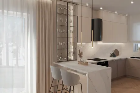 Wnętrze kuchni z beżowymi meblami i marmurowym blatem, styl dopamine decor