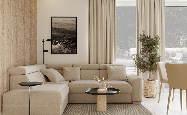 Wnętrze salonu w stylu japandi i minimalistycznym z beżową sofą.