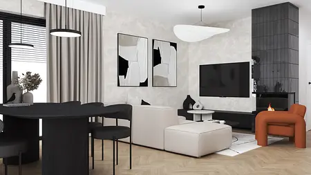 Wnętrze salonu w stylu industrialnym, minimalistycznym i skandynawskim, z czarnymi meblami.