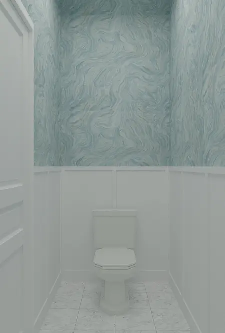 Toaleta z białymi panelami i niebieską ścianą w stylu art deco, minimaluxe, quiet luxury.