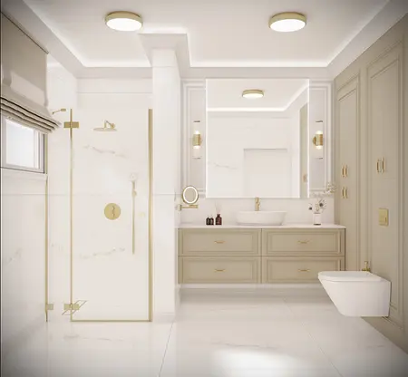 Stylowa łazienka z białymi meblami, złotymi detalami i eleganckim prysznicem, quiet luxury.