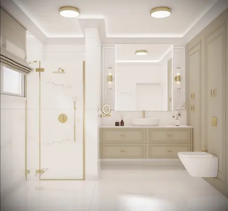 Stylowa łazienka z białymi meblami, złotymi detalami i eleganckim prysznicem, quiet luxury.
