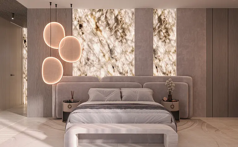 Wnętrze sypialni z nowoczesnym oświetleniem i eleganckimi detalami w stylu quiet luxury.