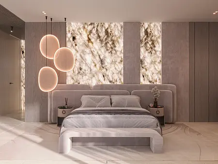 Wnętrze sypialni z nowoczesnym oświetleniem i eleganckimi detalami w stylu quiet luxury.