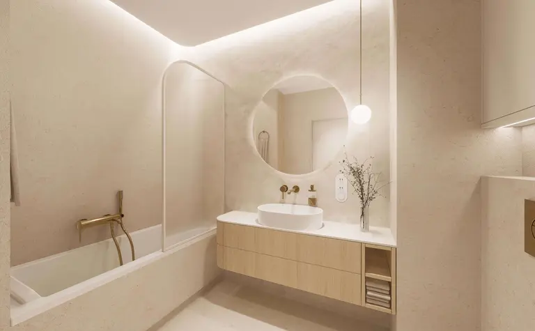 Nowoczesna łazienka w stylu japandi z minimalistycznymi detalami, quiet luxury.
