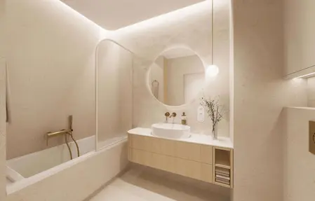 Nowoczesna łazienka w stylu japandi z minimalistycznymi detalami, quiet luxury.