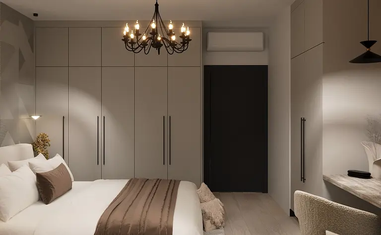 Wnętrze sypialni z eklektycznym i minimalistycznym stylem.