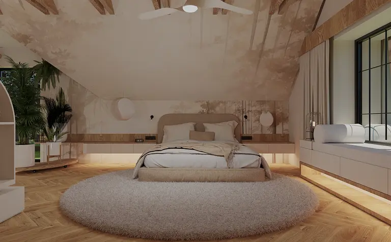 Współczesna sypialnia z beżowym łóżkiem i drewnianymi detalami.