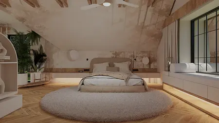 Współczesna sypialnia z beżowym łóżkiem i drewnianymi detalami.