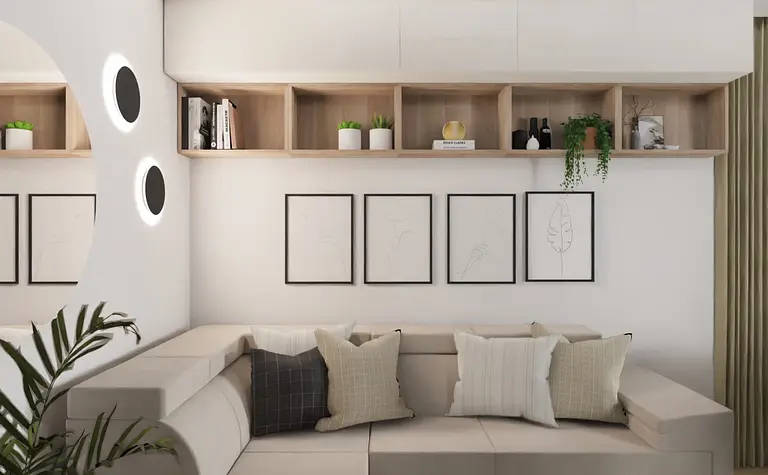 Wnętrze salonu minimalistycznego z jasną sofą, drewnianymi akcentami i roślinami.