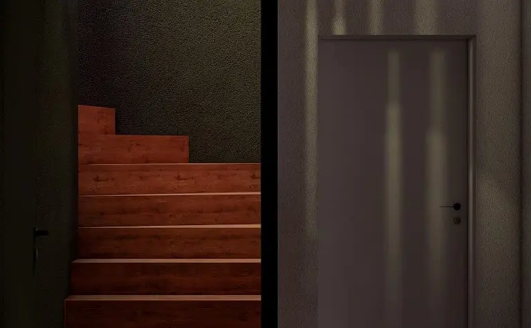 Przedpokój w stylu eklektycznym z drewnianymi schodami i minimalistycznym oświetleniem.