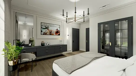 Wnętrze sypialni z tradycyjnymi i współczesnymi elementami, szaro-czarna kolorystyka.