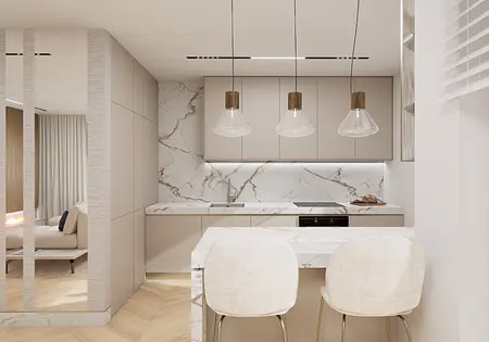Kuchnia z marmurowym blatem i jasnymi meblami w stylu minimaluxe oraz soft minimalizm.