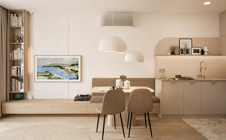 Wnętrze kuchni w stylu boho, japandi i minimalistycznym z drewnianymi akcentami.