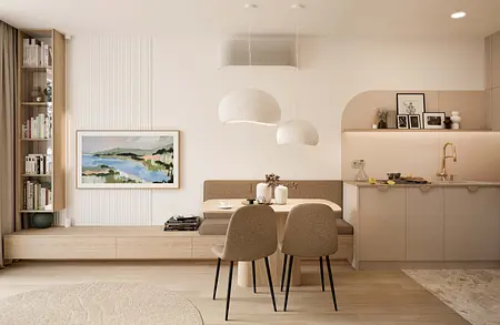 Wnętrze kuchni w stylu boho, japandi i minimalistycznym z drewnianymi akcentami.