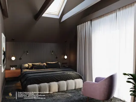 Sypialnia w stylu eklektycznym z nowoczesnymi meblami i minimalistycznym oświetleniem.
