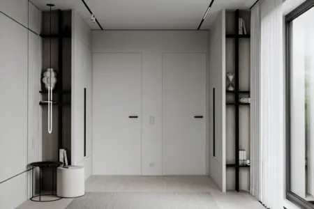 Minimalistyczne wnętrze z białymi drzwiami i drewnianymi detalami, nowoczesne i skandynawskie.