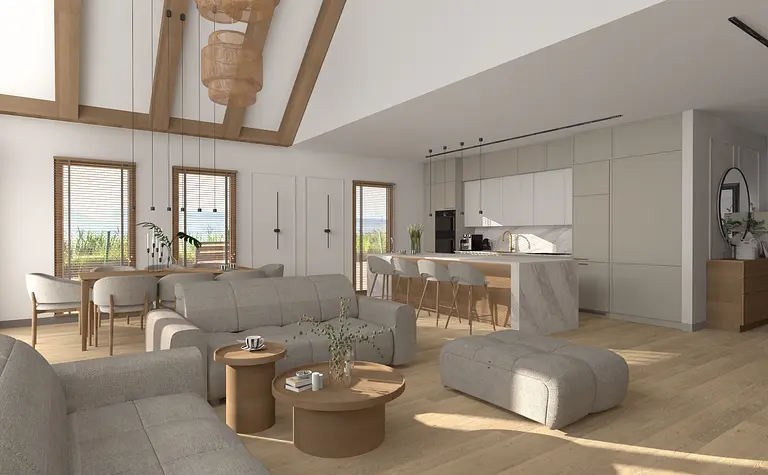 Wnętrze salonu w stylu japandi i minimalistycznym z szarymi meblami oraz drewnianymi akcentami.