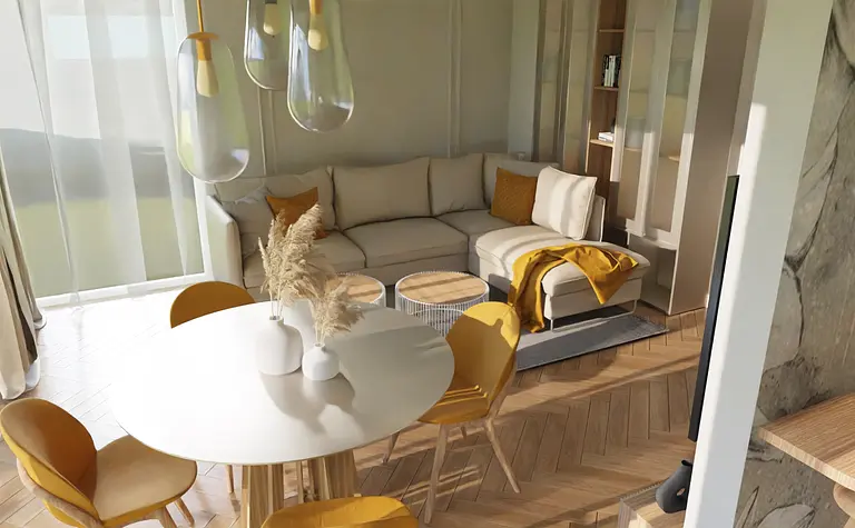 Współczesny salon z beżową sofą, żółtymi elementami i drewnianymi detalami.