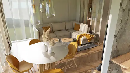 Współczesny salon z beżową sofą, żółtymi elementami i drewnianymi detalami.