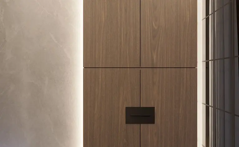 Minimalistyczna łazienka z drewnianymi elementami i nowoczesnym designem.