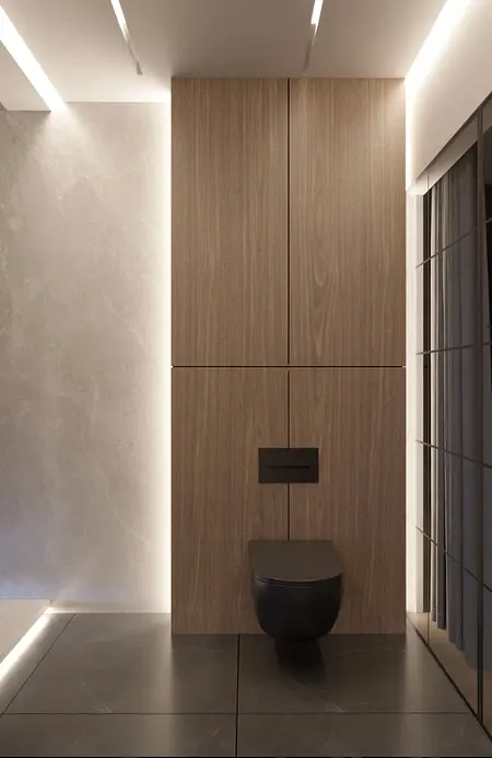 Minimalistyczna łazienka z drewnianymi elementami i nowoczesnym designem.