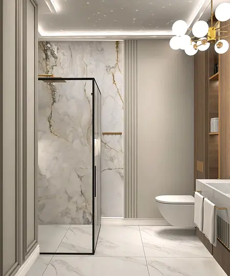 Nowoczesna łazienka z marmurowymi i drewnianymi elementami, styl glamour, quiet luxury.