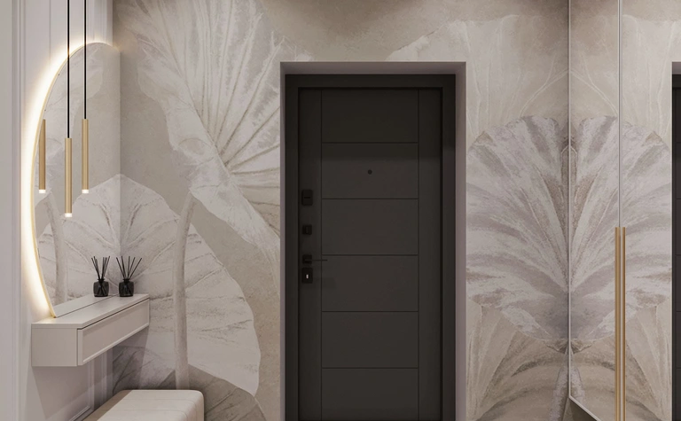 Minimaluxe przedpokój z nowoczesnym lustrem, soft minimalizm i quiet luxury