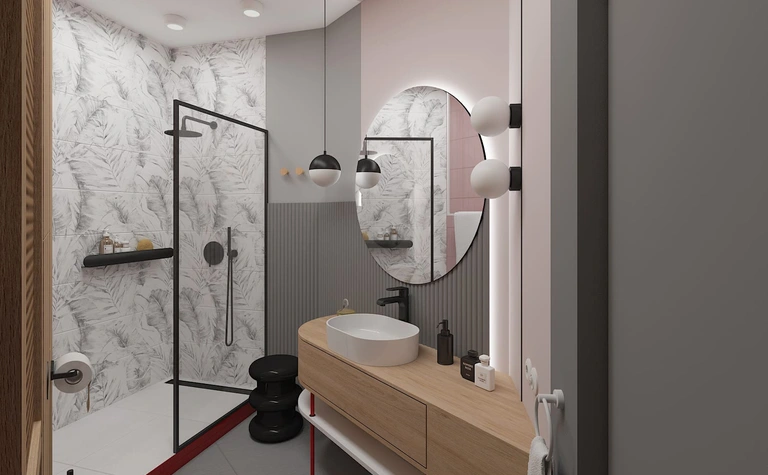 Wnętrze łazienki z drewnianą szafką, prysznicem i lampami w stylu dopamine decor.