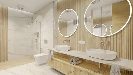 Nowoczesna łazienka z drewnianymi detalami i okrągłymi lustrami.