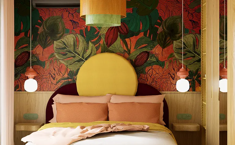 Sypialnia z roślinnym motywem w stylach art deco, dopamine decor, eklektyczny, nowoczesny, vintage, współczesny.