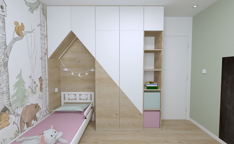 Pokój dziecięcy z łóżkiem, szafą i przytulnymi dekoracjami.